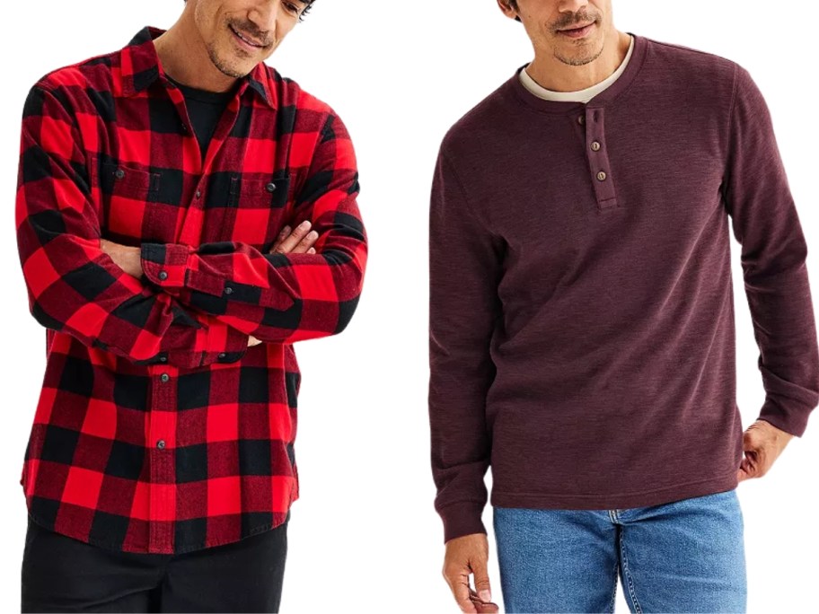 man in a flannel shirt and black pants and man in a purple henley tee and jeans
