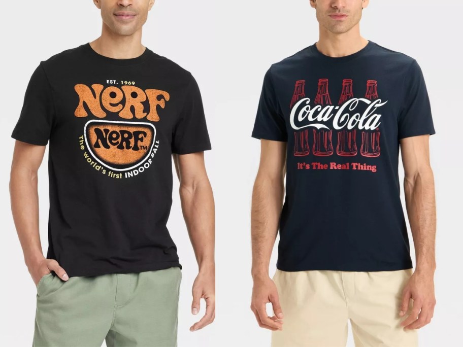 man wearing a Nerf tshirt and man wearing a Coca Cola tshirt