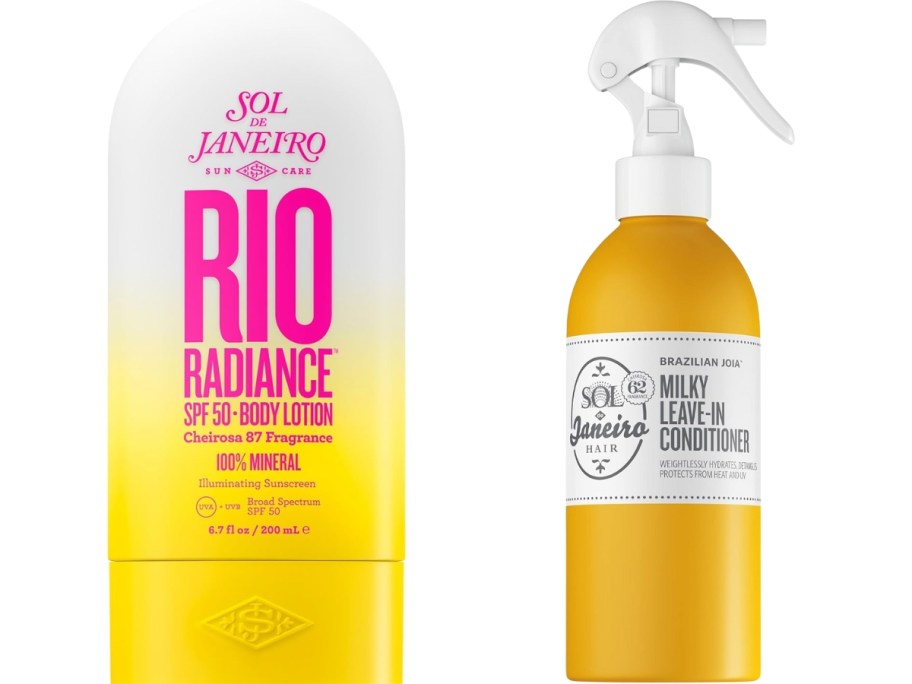 a bottle of Sol de Janeiro sunscreen and a spray bottle of Sol de Janeiro leave in conditioner
