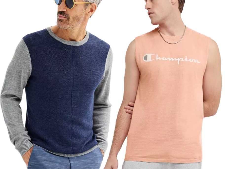 man wearing a blue sweater and jeans and man wearing a peach sleeveless Champion tank top