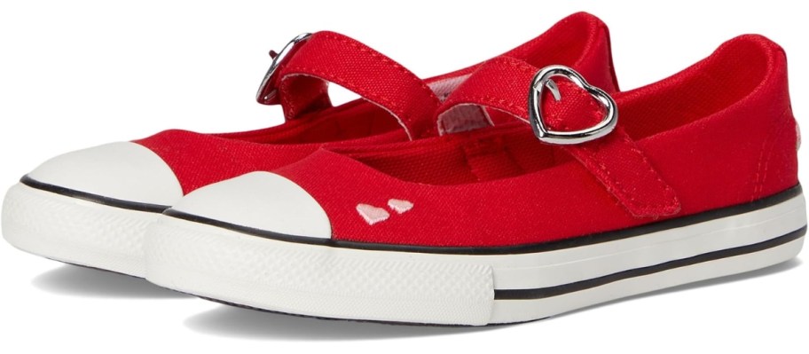 a pair of kid's red Mary Jane style Converse shoes
