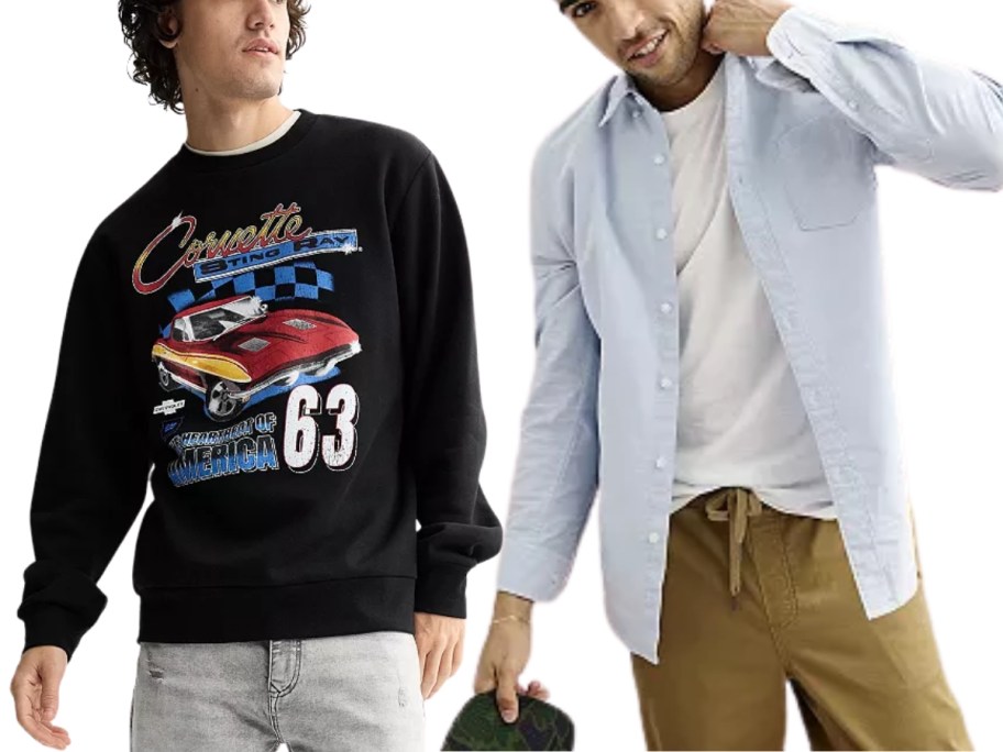 man wearing a Corvette sweatshirt and white pants and man wearing a blue button down shirt and khakis