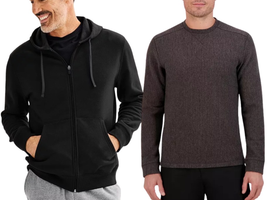 man wearing a black hoodie and grey joggers and man wearing a brown sweatshirt and black pants