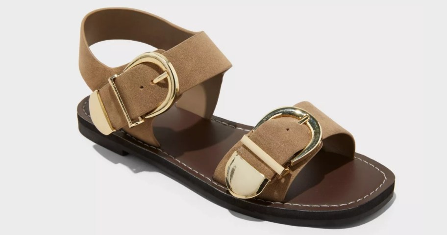 a women's brown ankle strap sandal with double gold buckles