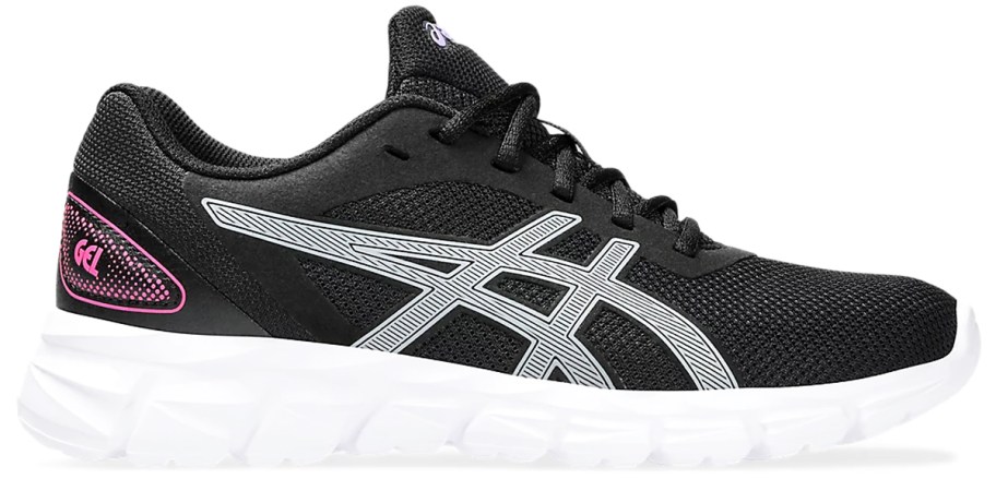 black, white, and pink running shoe