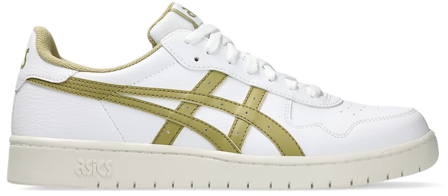 white and gold asics sneaker