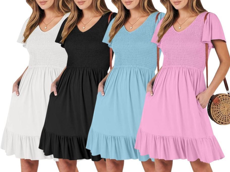 4 women wearing short babydoll dresses