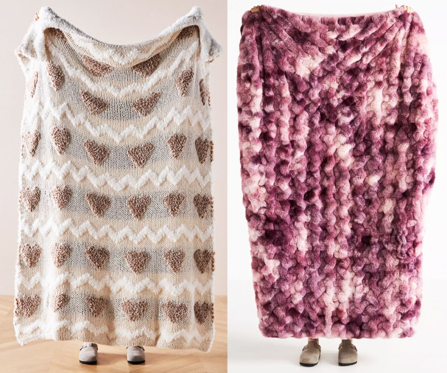 two people holding up knit and faux fur throw blankets