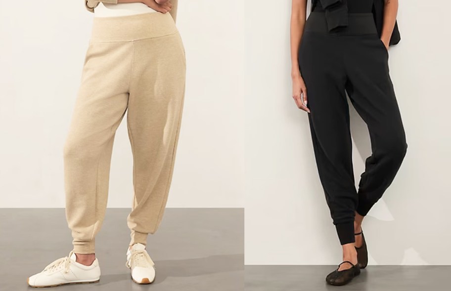 two women in tan and black joggers