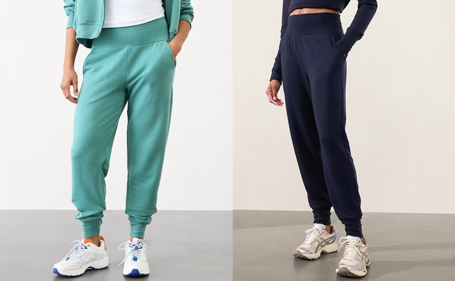 two women in green and navy blue joggers