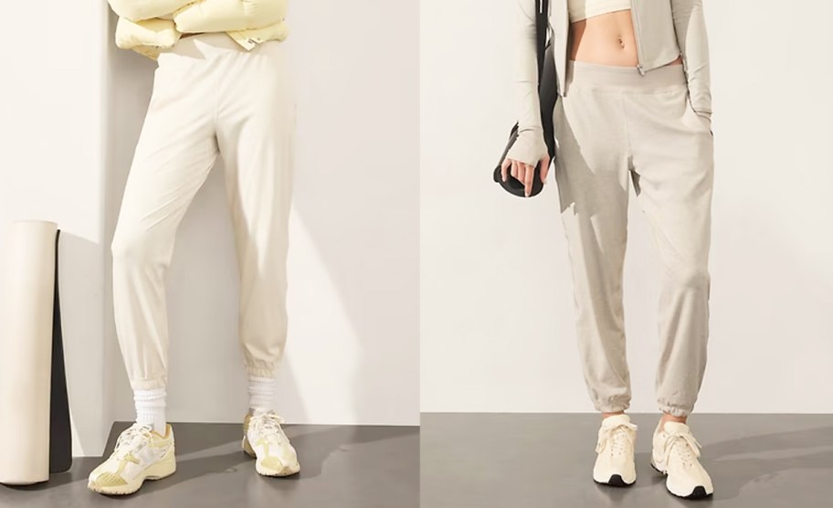 two women in cream and light brown joggers