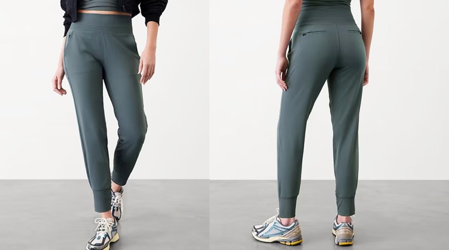 front and back of woman in blue joggers