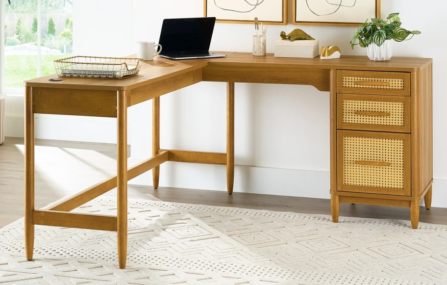 wood l-shaped desk with rattan drawers