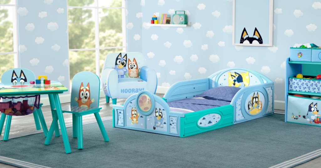 Toddler bedroom with Bluey furniture and wallpaper