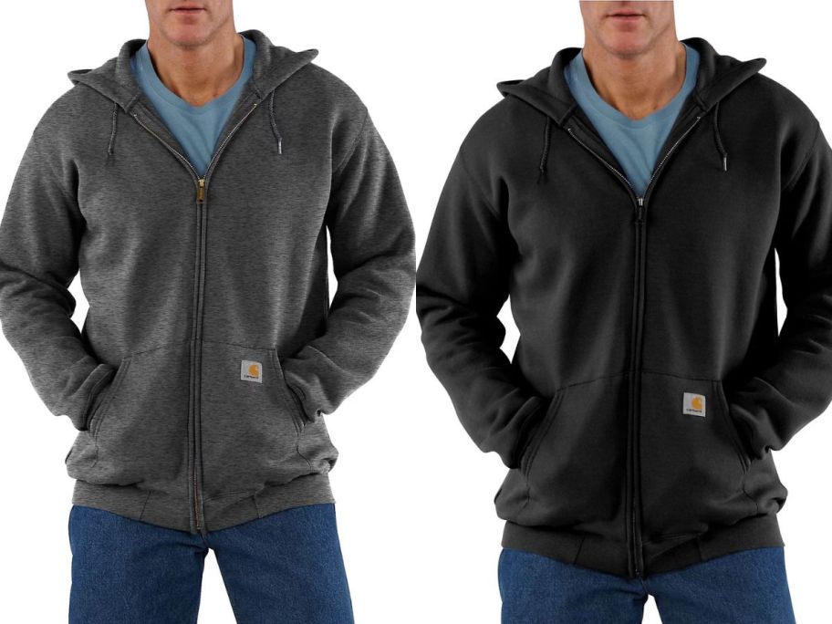Stock images of two men wearing Carhartt Men's Midweight Hooded Zip Front Sweatshirts