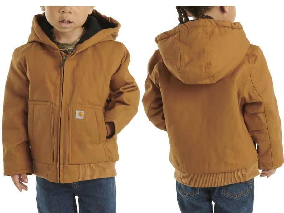 Front and back view of a toddler boy wearing a Carhartt Active Jacket