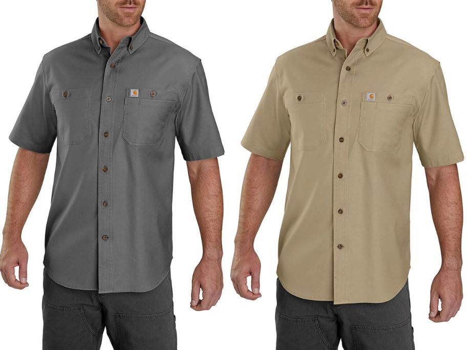 Stock images of two men wearing Carhartt Men's Rugged Flex Rigby Work Shirts