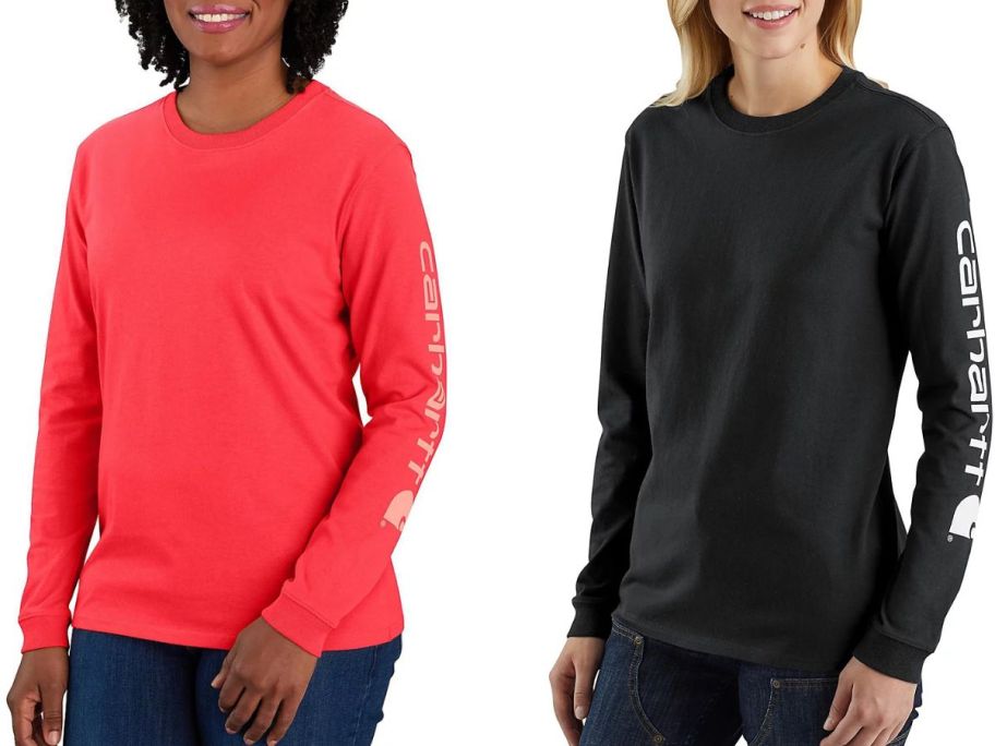 Stock images of two women wearing Carhartt Women's Relaxed Fit Midweight Logo Long Sleeve tees