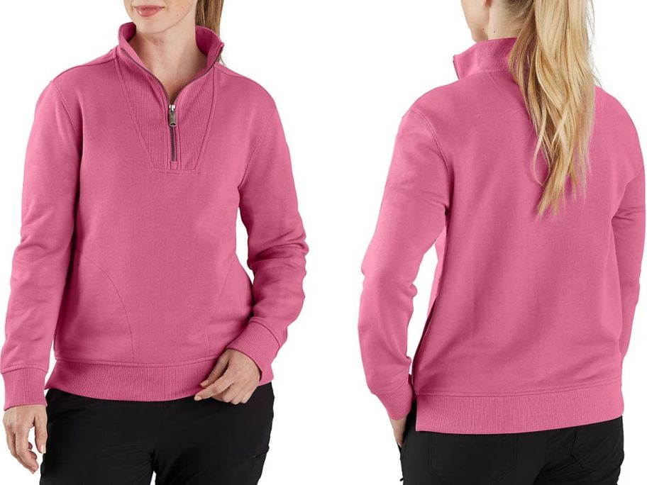 Stock image of the front and back of a woman wearing a Carhartt Women's Tencel Fiber Series Relaxed Fit 1/2 Zip in Woodrose