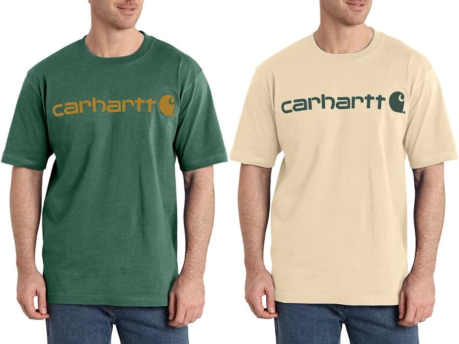 Stock images of two men wearing Carhartt Men's Short-Sleeve Logo T-shirts
