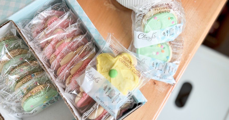 Gift box filled with individually wrapped Cheryl's frosted spring cookies