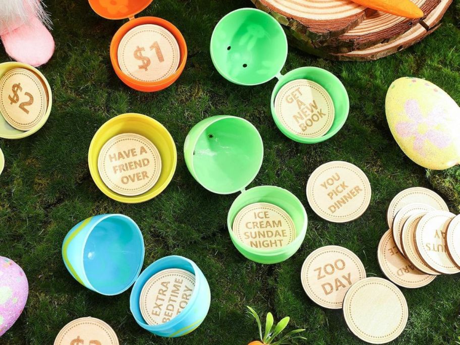 Easter Egg Coins in plastic eggs on a lawn