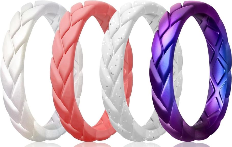 four count pack of stackable silicone wedding bands