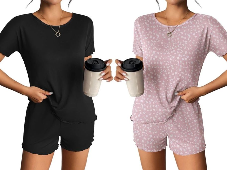 Stock images of two women wearing black and pink leopard print Ekouaer Women's 2-Piece Lounge Sets