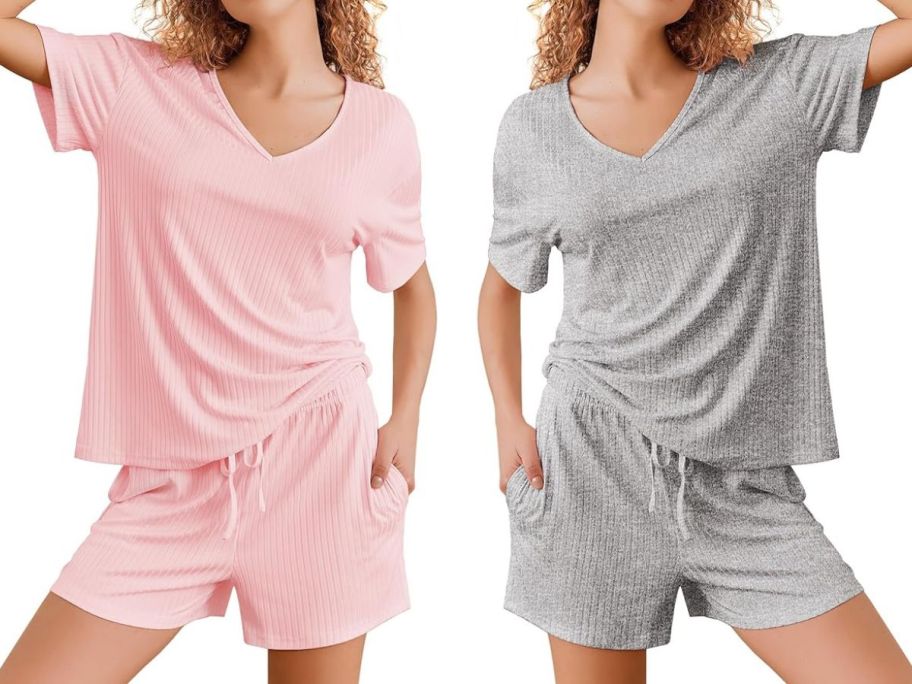 Stock images of two women wearing pink and gray Ekouaer Women's 2-Piece Ribbed Lounge Sets