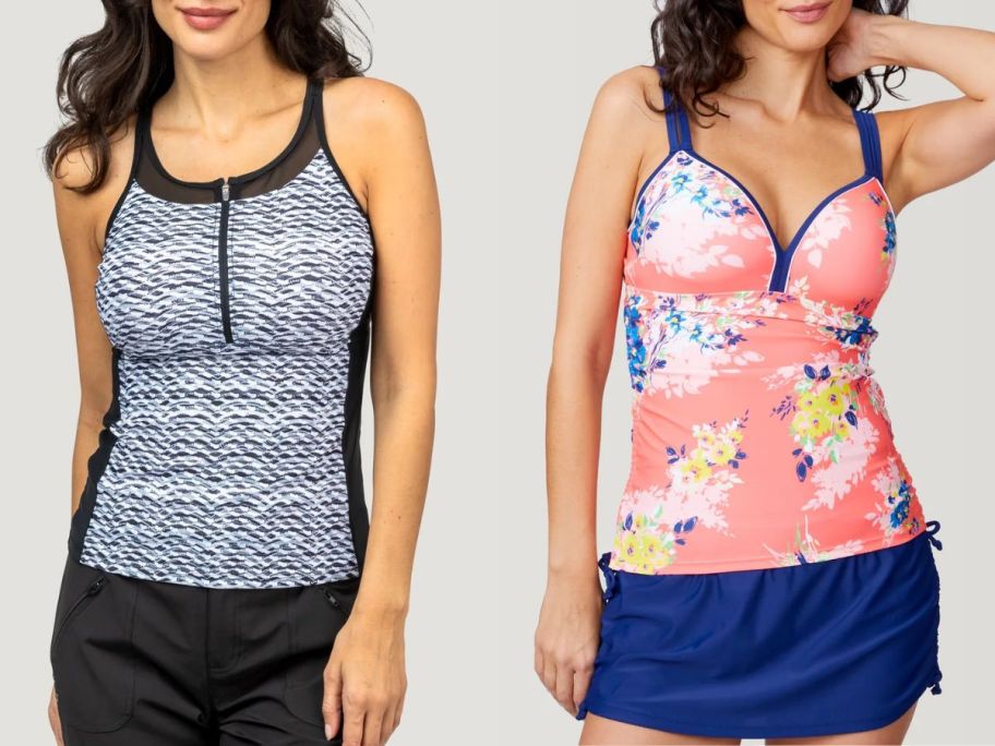 Stock images of two women wearing Free Country Tankinis