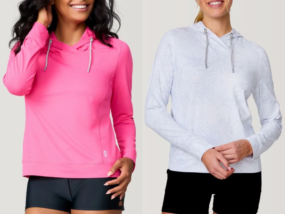 Stock images of two women wearing Free Country SunFree Hoodies