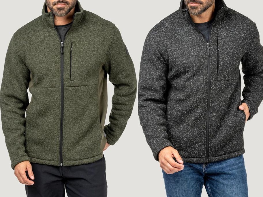Stock images of two men wearing free country fleece jackets