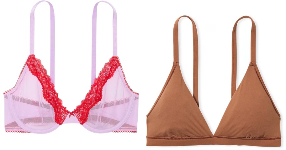 a pink and red bra and a brown bra