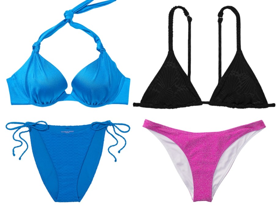 a blue women's bikini top and bottom, and a black bikini top and pink bottom