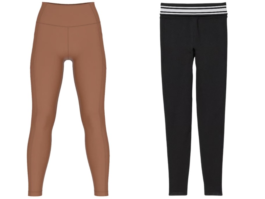 a pair of brown leggings and a pair of black leggings with a white stripe band