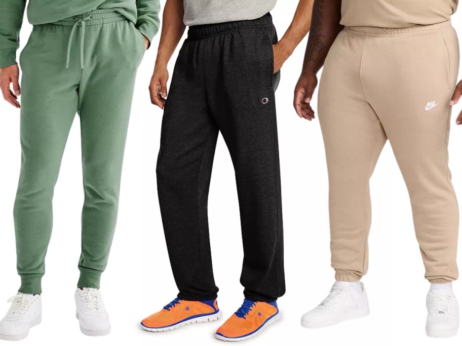 the lower half of 3 men waring different colors and styles of joggers
