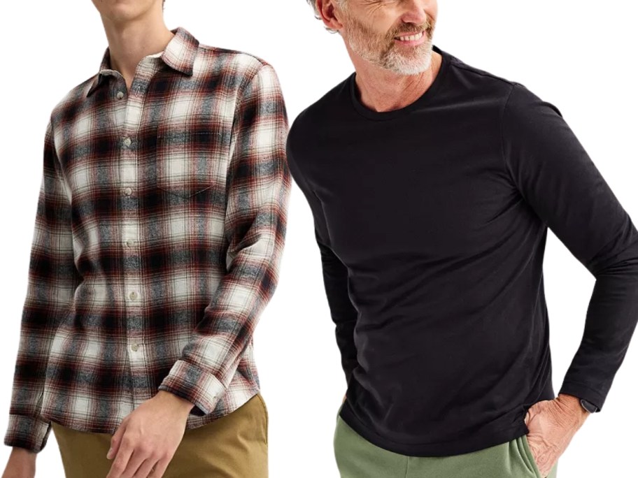 man wearing a flannel shirt and khaki pants and man wearing a black long sleeve tee and tan pants