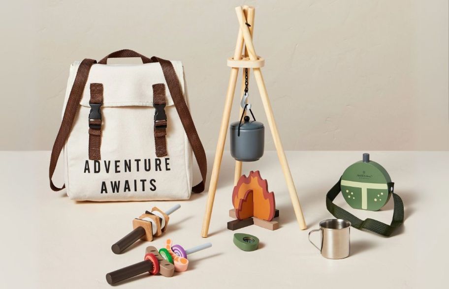 a camping playset with campfires, backpack and cantine