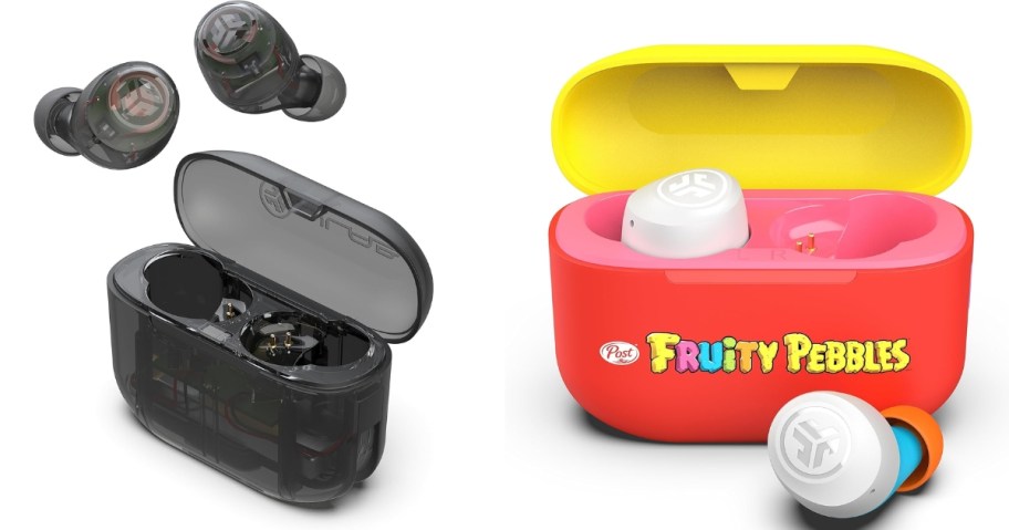 jlab wireless earbuds in charging case in clear and fruity pebbles