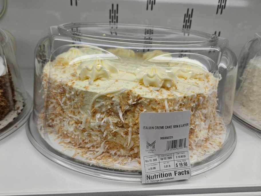 Member's Mark 10" Italian Creme Cake in container in cooler in store