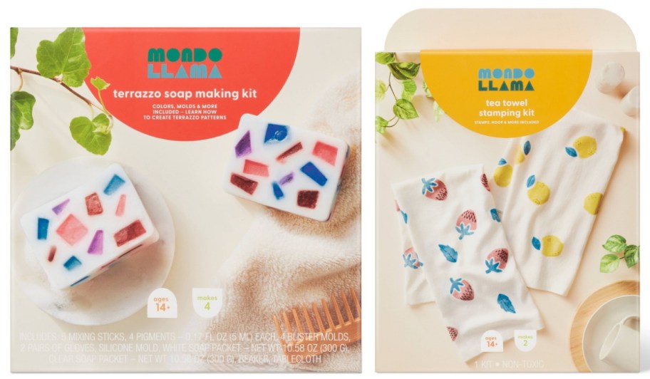 two Mondo llama kit boxes in soap bars and hanging tea towels with fun patterns