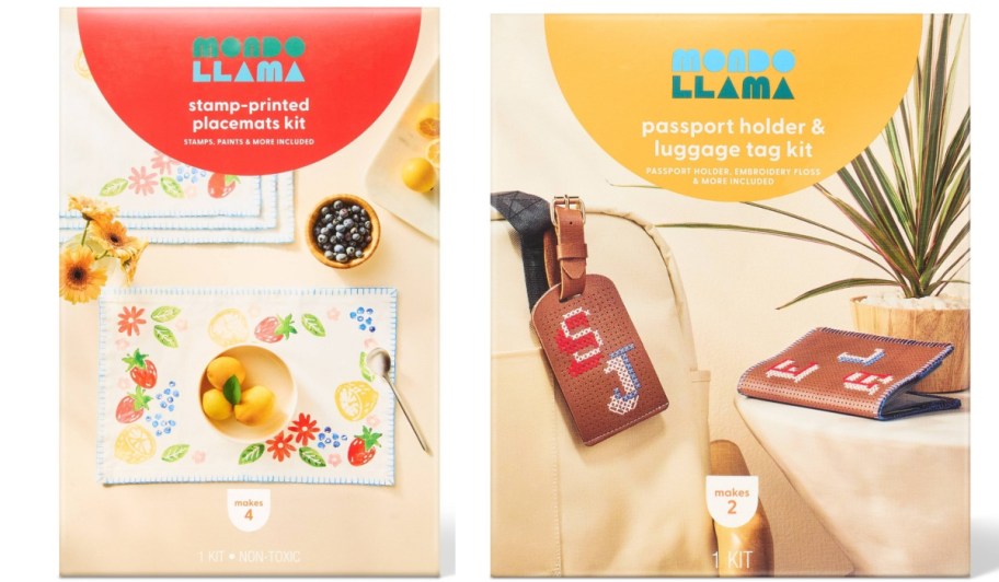 two mondo llama kit boxes one for placemats and the other for luggage tags