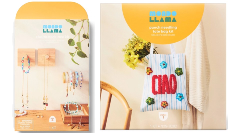 Two mondo llama kits in their boxes in beads and tote bag options