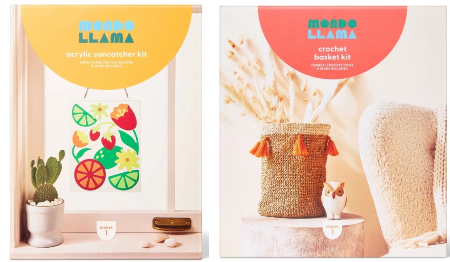 two mondo llama kits box showing a window design and a crochet basket kit