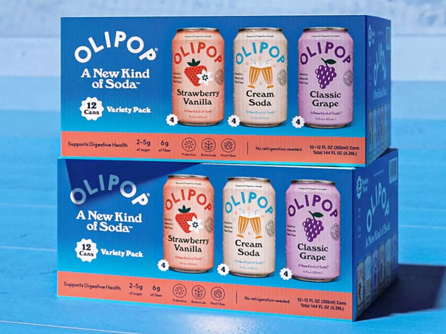 two stacked boxes of Olipop sodas