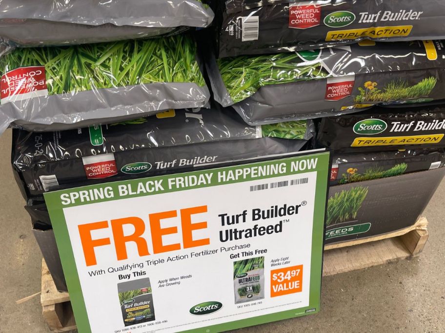 Scott's Turf Builder BOGO sale with signs