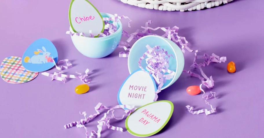 plastic easter eggs filled with reward cards and jelly beans