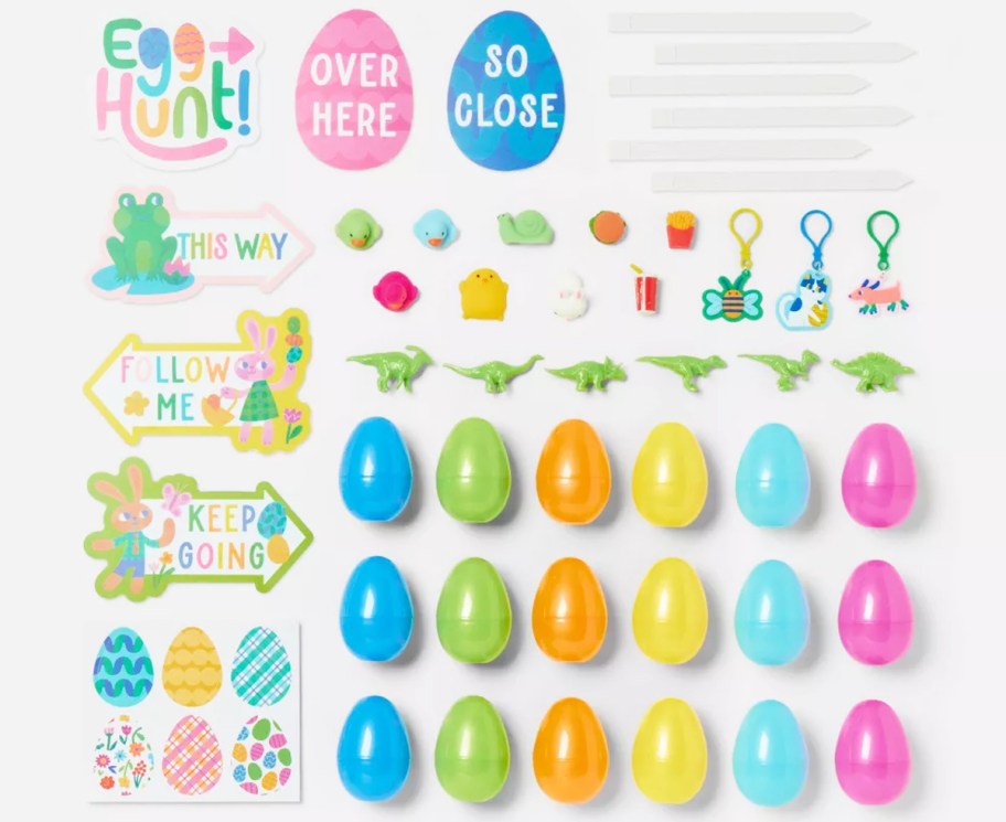 egg hunt kit with decorations, plastic eggs, and toy filler items