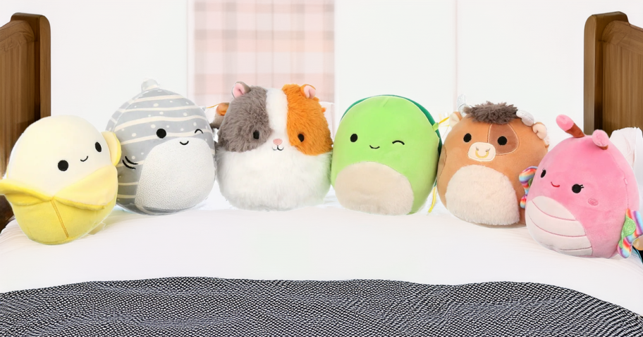 Squishmallows 5 Plush 6-Pack on a bed