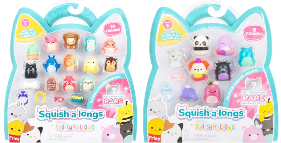 two sets of Squishmallows Squish-a-longs toys